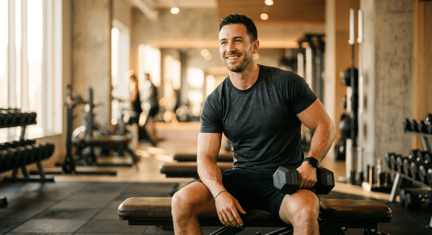 Man resting between sets in a sunlit gym