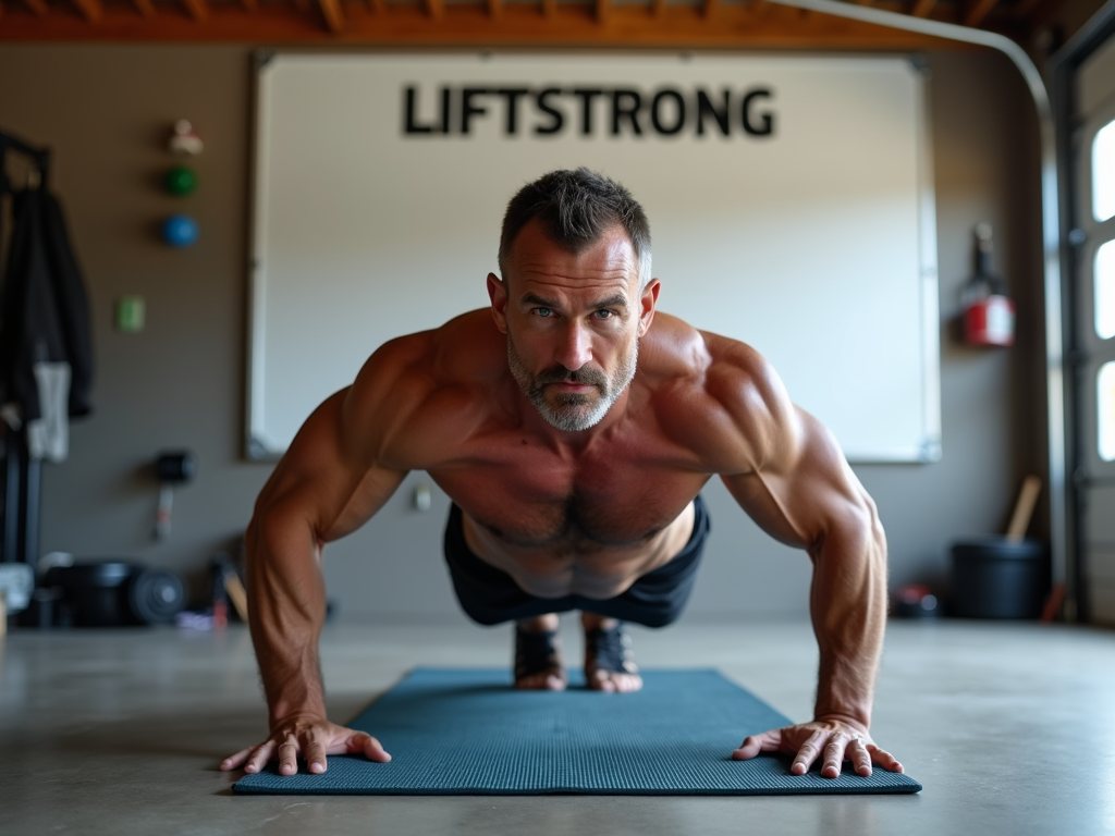 Man performing clap push-ups in home gym with LIFTSTRONG plan