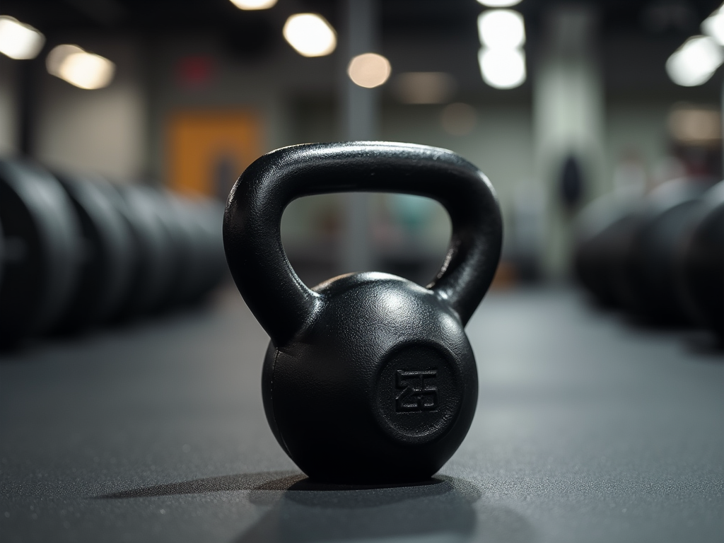 Close-up of a black kettlebell on a gym floor, with blurred kettlebells in the background, highlighting its smooth surface and weight marking.