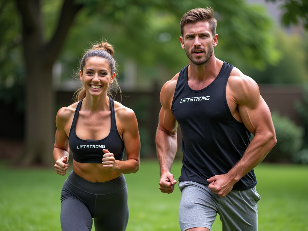 Couple in Liftstrong apparel doing partner mountain climbers outdoors