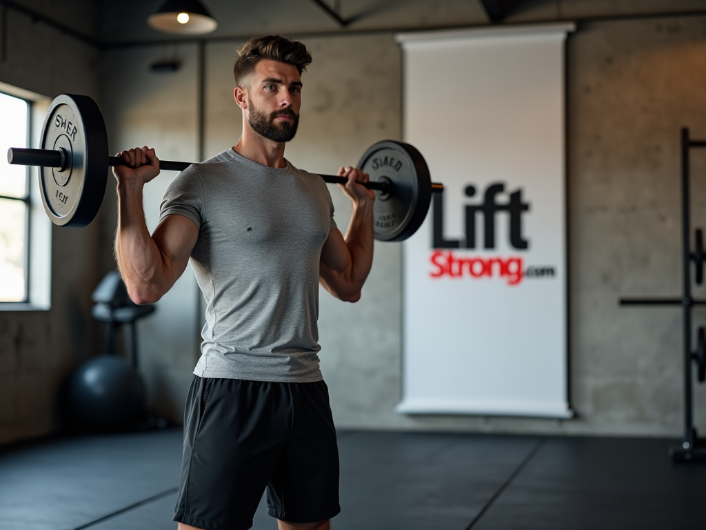 A muscular man with a beard wearing a gray t-shirt and black shorts stands in a gym, lifting a barbell in front of a "LiftStrong.com" banner on the wall behind him.