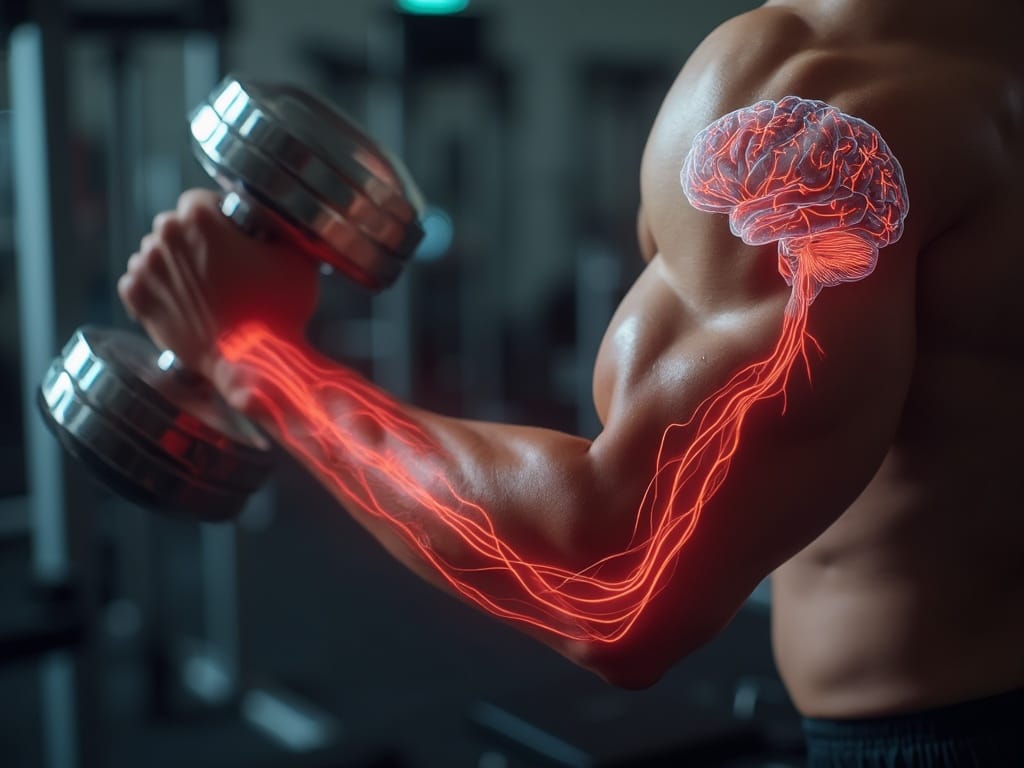 Muscular arm curling dumbbell with glowing nerve pathways, illustrating mind-muscle connection