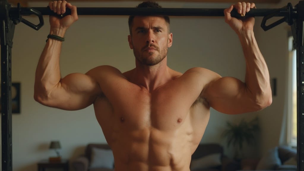 Man performing chin-up for bicep workout at home