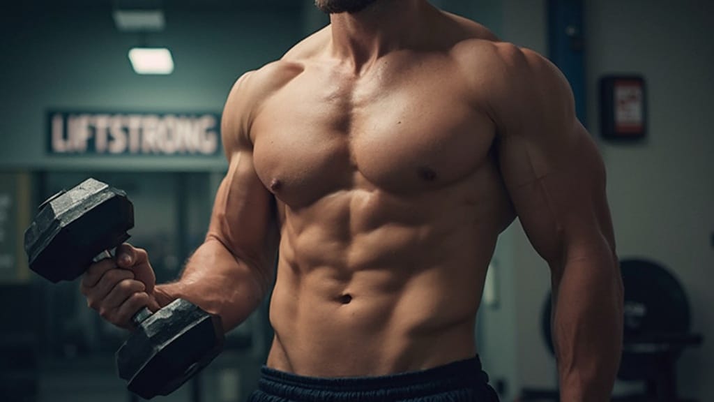 Muscular torso with defined abs holding a dumbbell in a gym setting