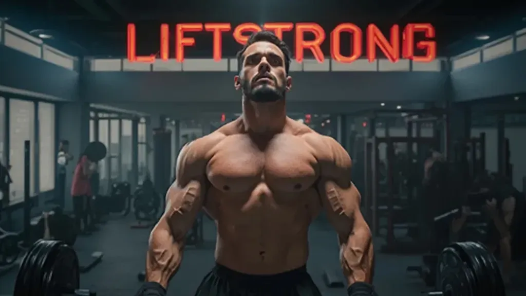 Muscular man in front of a LiftStrong gym sign in a dark gym