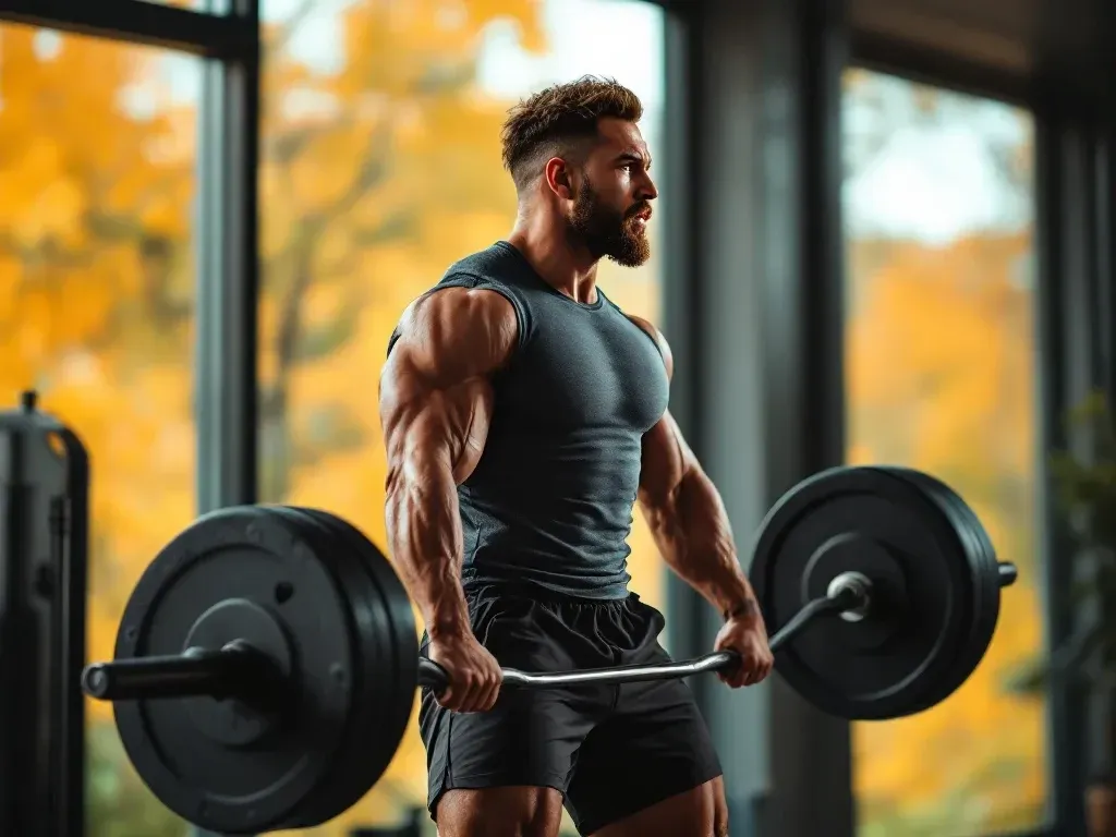 Muscular man performing deadlift in gym with fall scenery outside