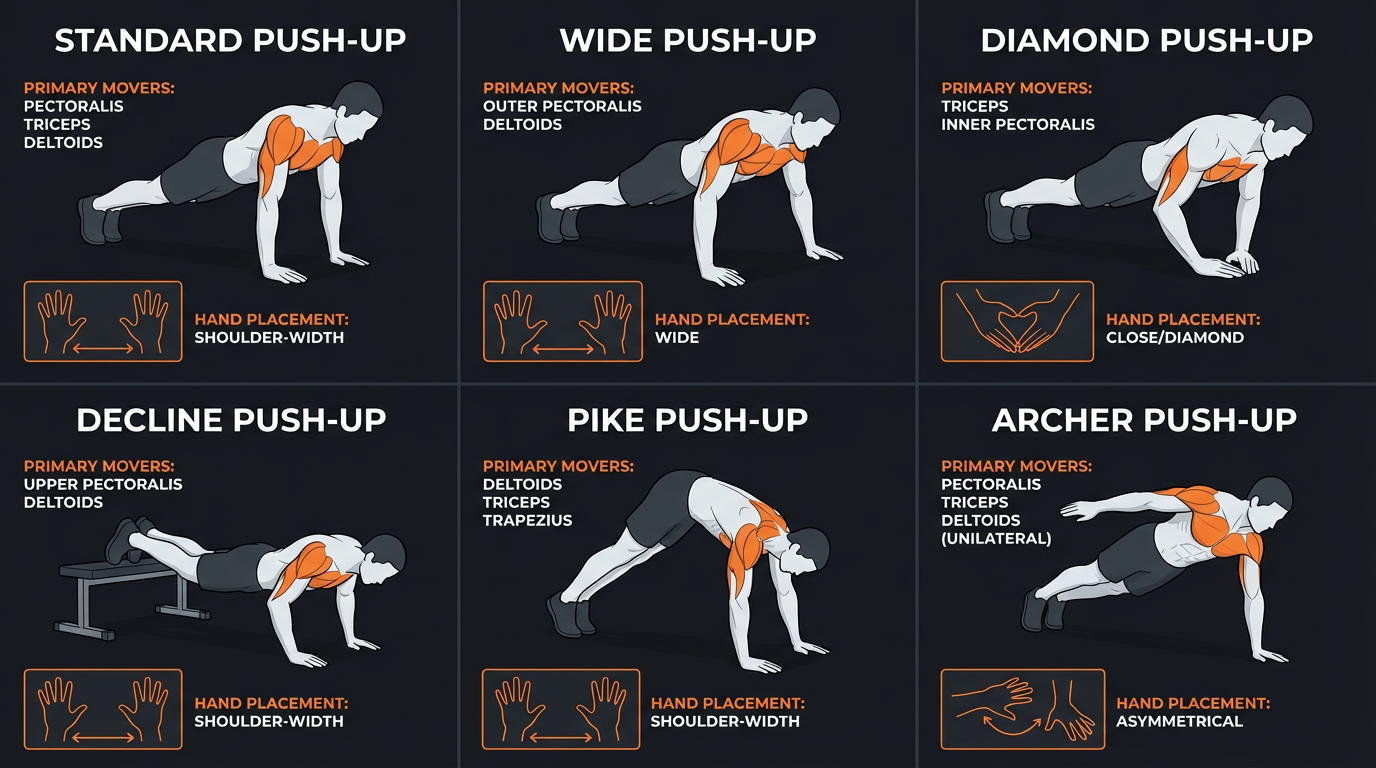 Diagram illustrating key concepts from 20 Push-Up Variations to Build a Stronger Chest and Core