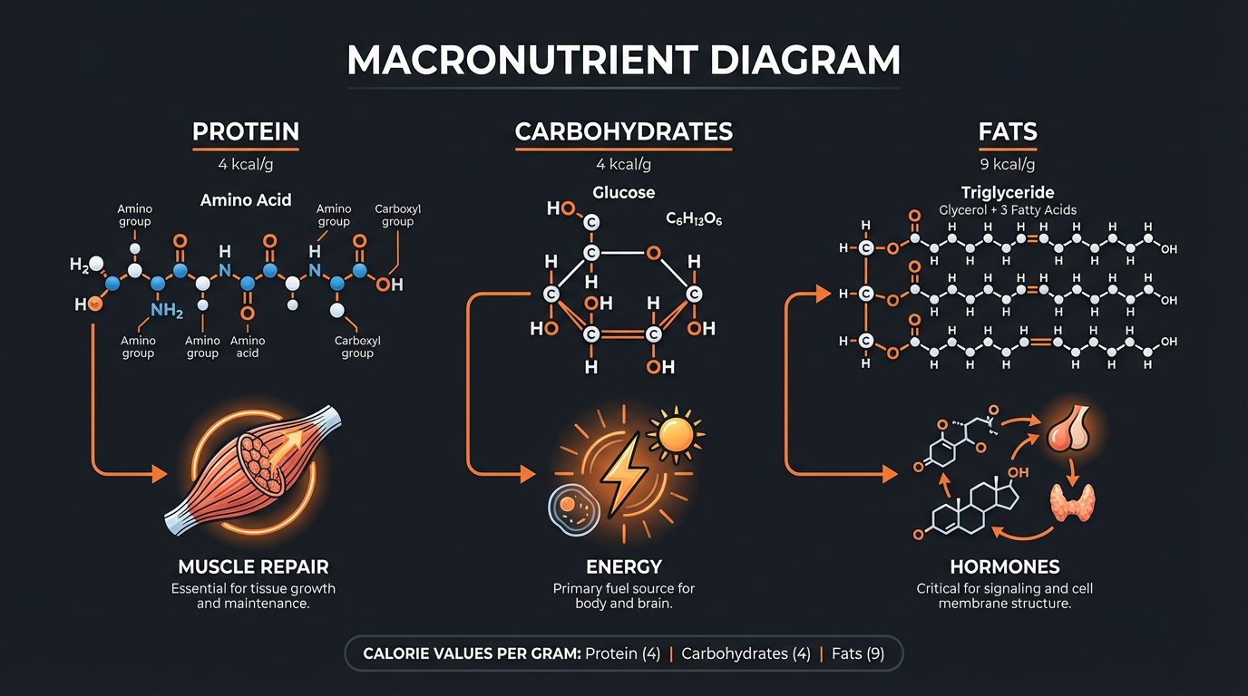 Diagram illustrating key concepts from How to Calculate Your Macros for Weight Loss and Muscle Gain