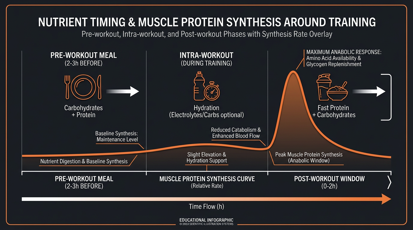 Diagram illustrating key concepts from Nutrient Timing for Muscle Growth: Optimizing Pre and Post-Workout Meals