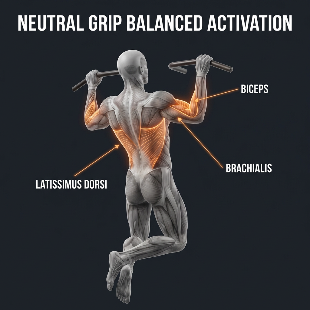 Neutral grip pull-up — balanced activation across latissimus dorsi, biceps, and brachialis