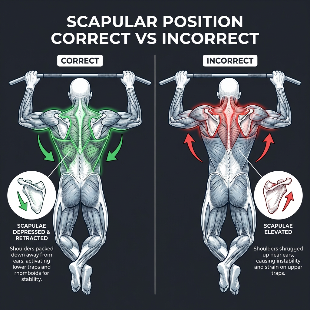 Correct vs incorrect scapular position during pull-ups — packed shoulders versus shrugged shoulders