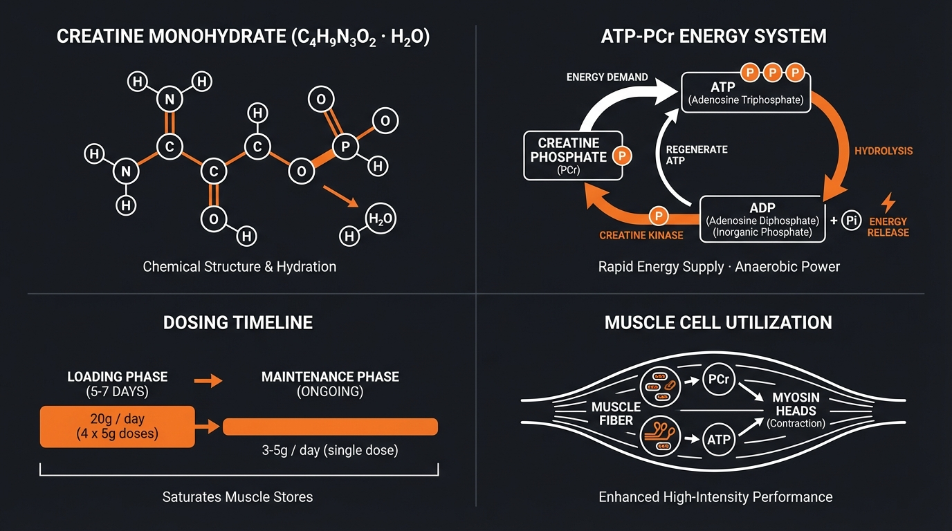 Diagram illustrating key concepts from The Role of Creatine in Muscle Building: Dosage, Timing, and Effects